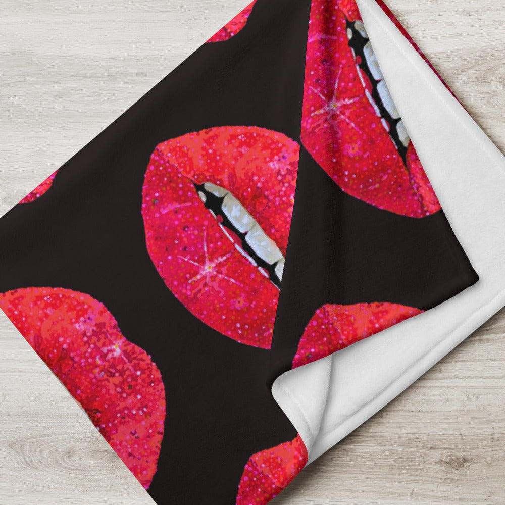Red Glitter Lips design by Kirsten Blackburn on throw blanket 60x80