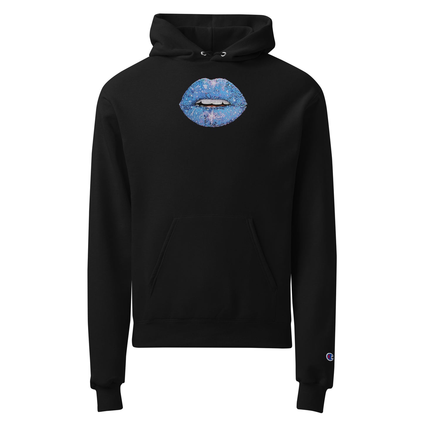 Blue glitter lips by Kirsten Blackburn  printed on Champion pullover hoodie