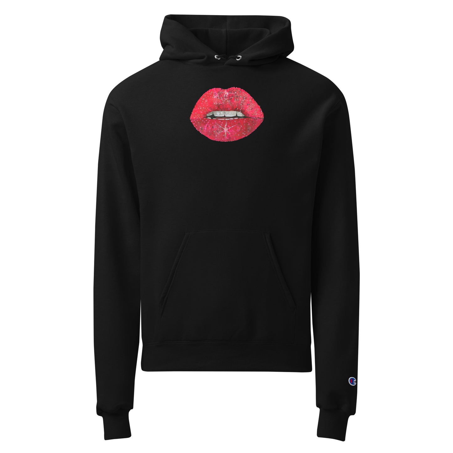 Red glitter lips by Kirsten Blackburn printed on Champion pullover hoodie