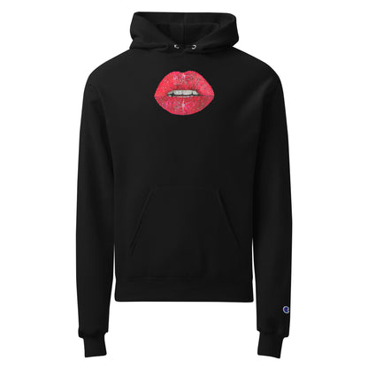 Red glitter lips by Kirsten Blackburn printed on Champion pullover hoodie