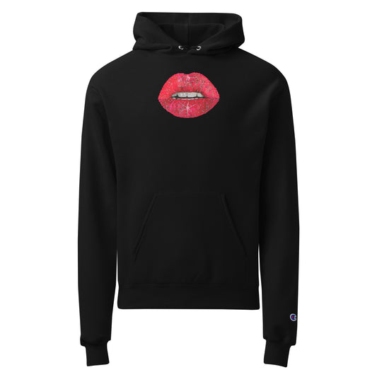 Red glitter lips by Kirsten Blackburn printed on Champion pullover hoodie