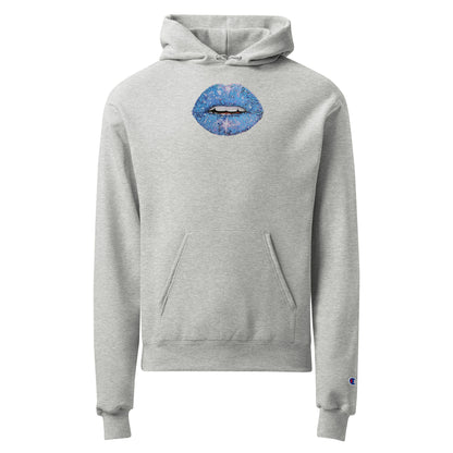 Blue glitter lips by Kirsten Blackburn printed on Champion pullover hoodie