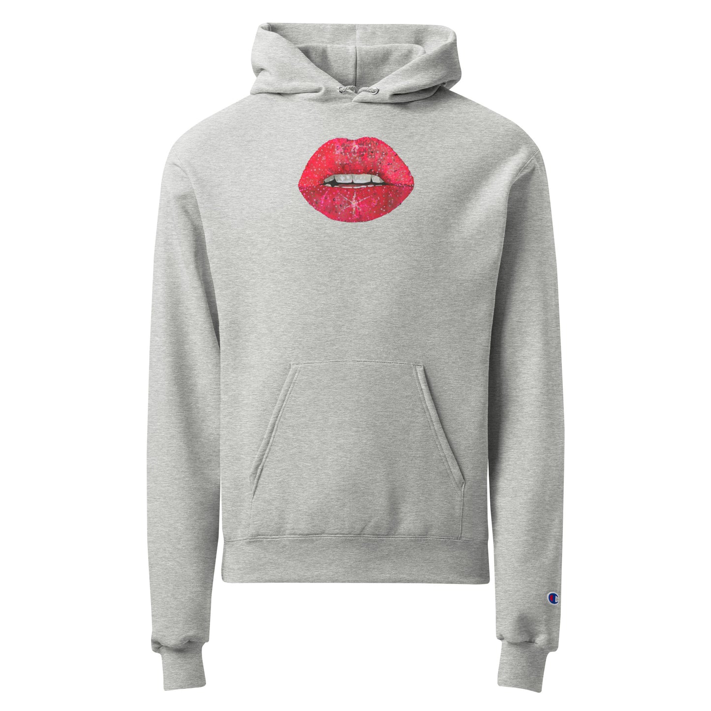 Red glitter lips by Kirsten Blackburn printed on Champion pullover hoodie