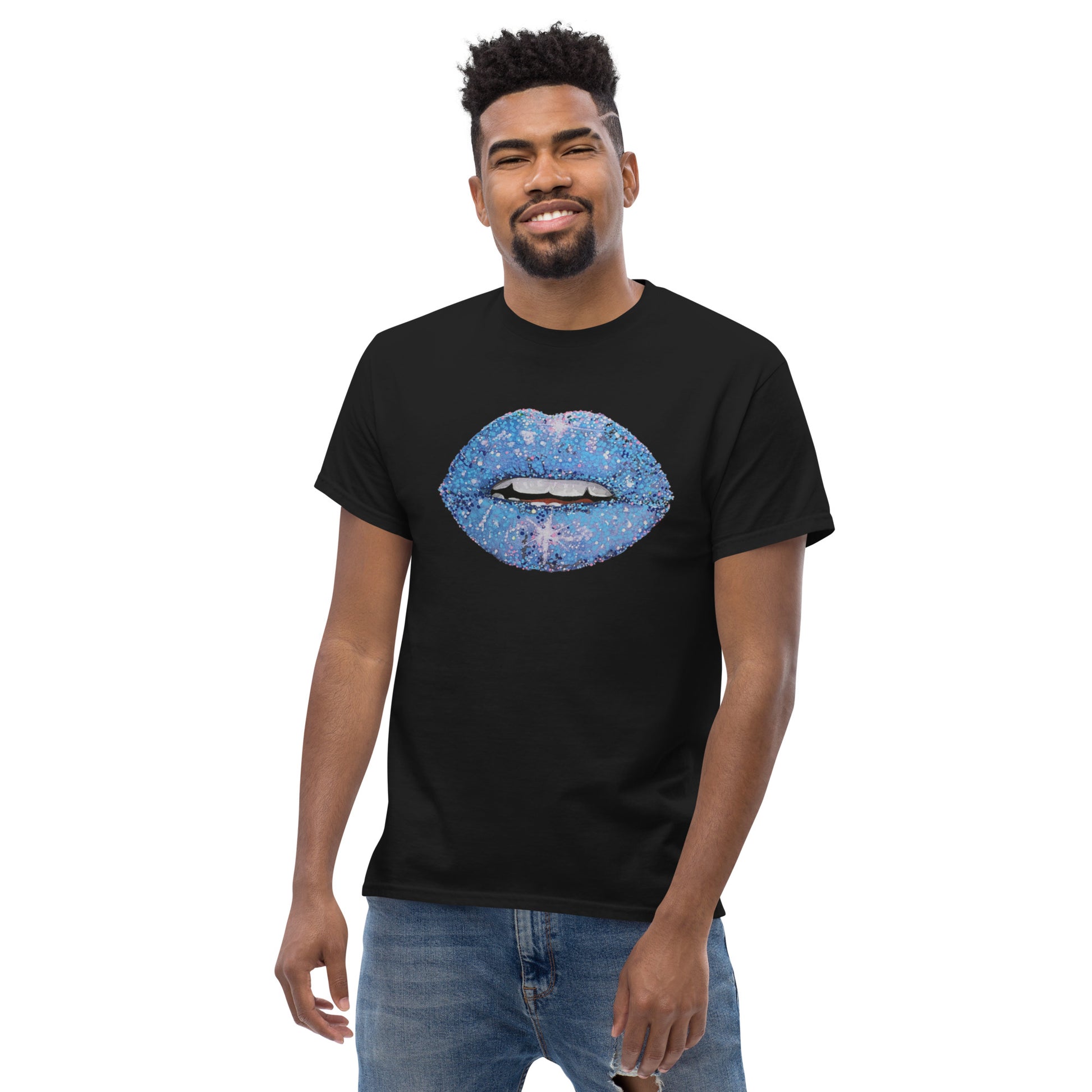 Blue glitter lips graphic by Kirsten Blackburn printed on unisex cotton t-shirt