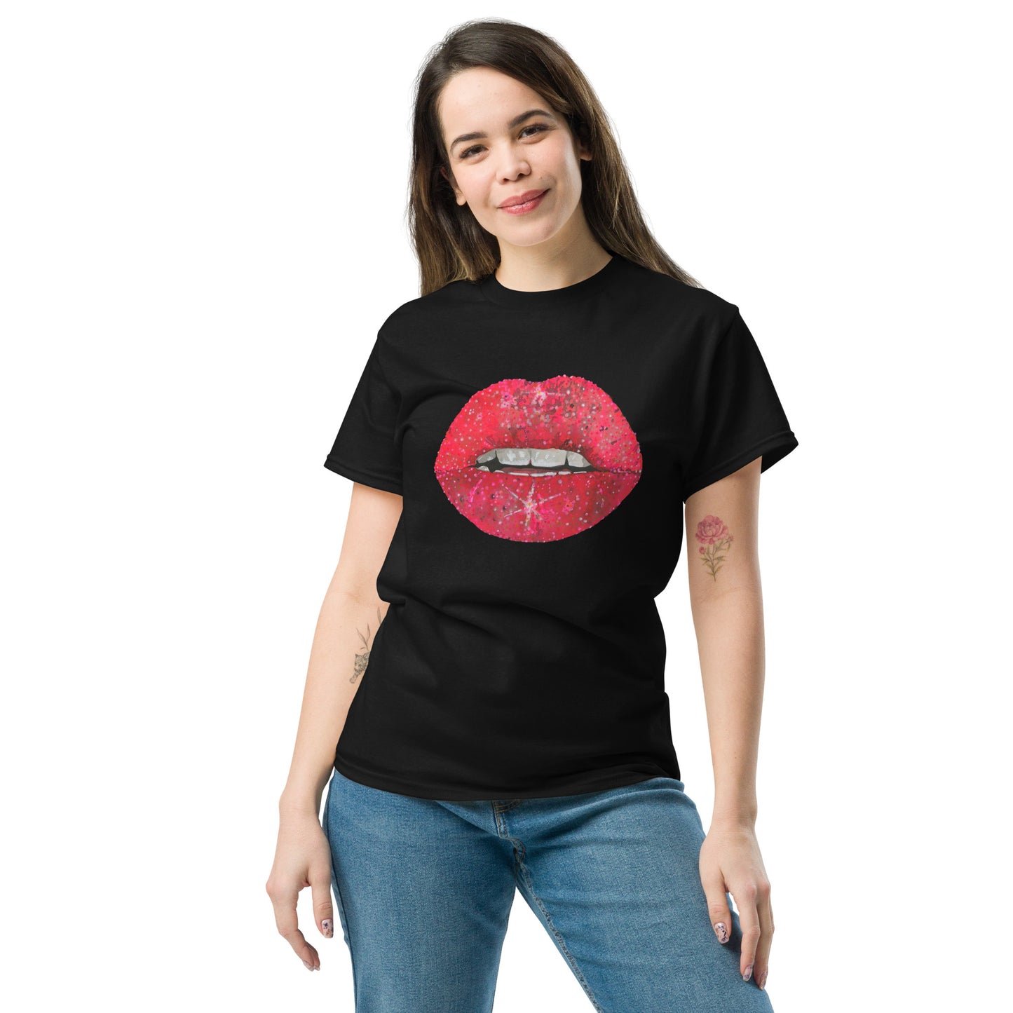 Red glitter lips graphic by Kirsten Blackburn printed on unisex cotton t-shirt
