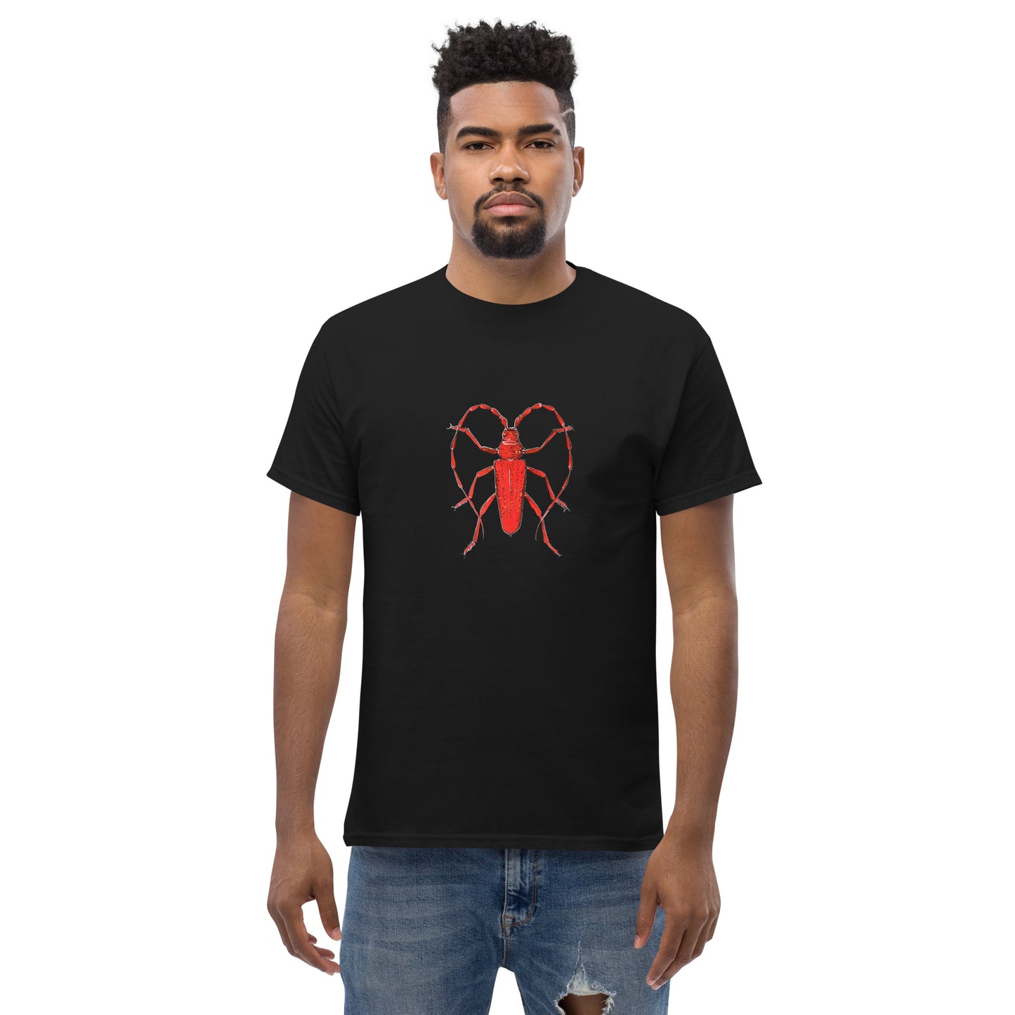 Red beetle graphic by Kirsten Blackburn printed on unisex cotton t-shirt