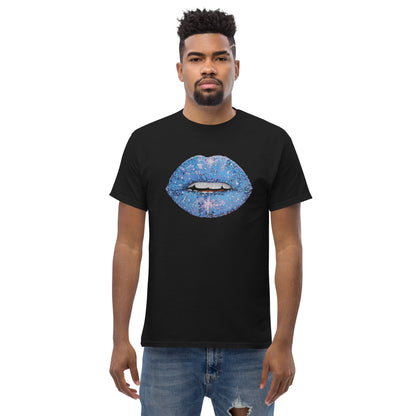 Blue glitter lips graphic by Kirsten Blackburn printed on unisex cotton t-shirt