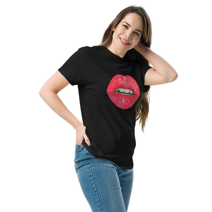 Red glitter lips graphic by Kirsten Blackburn printed on unisex cotton t-shirt