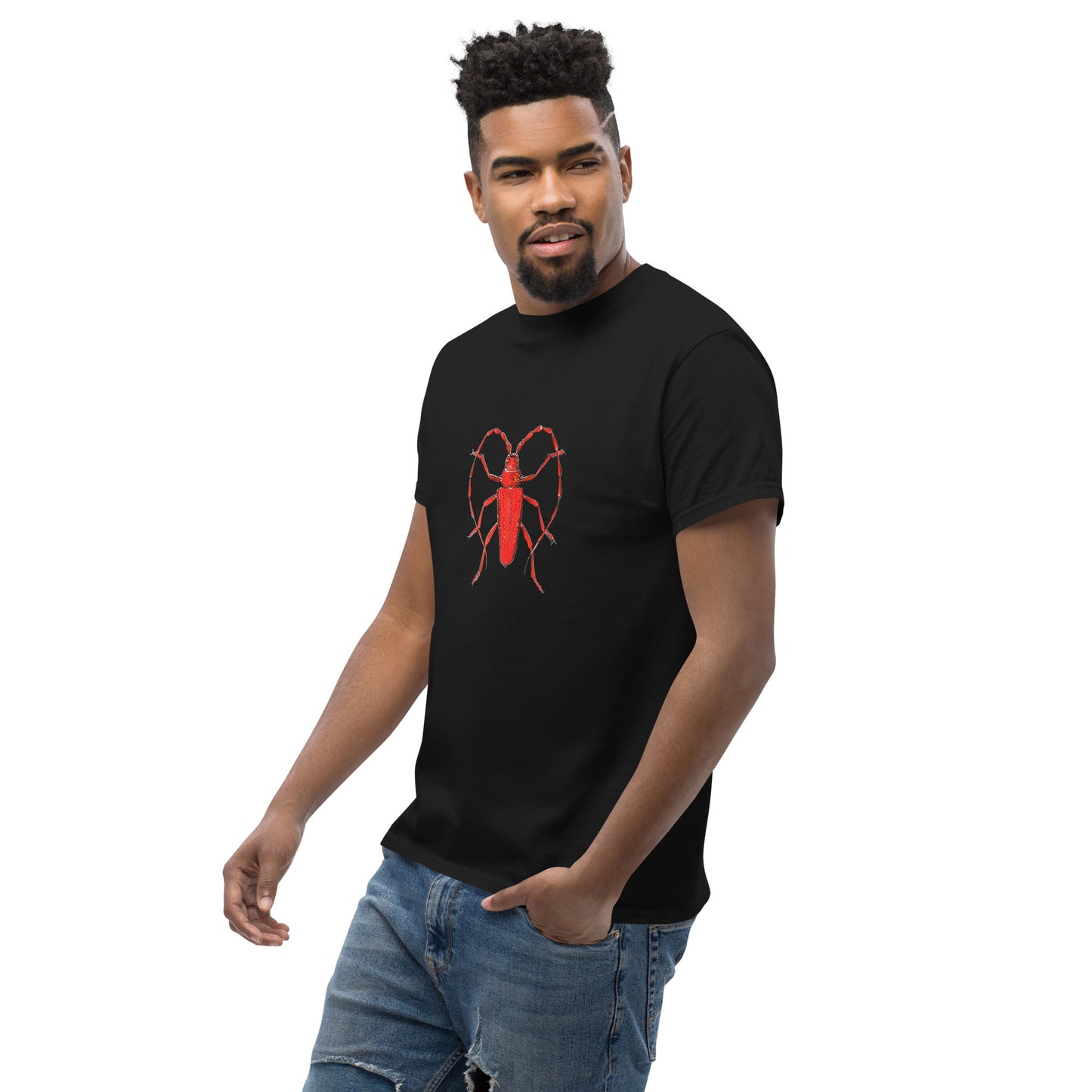 Red beetle graphic by Kirsten Blackburn printed on unisex cotton t-shirt