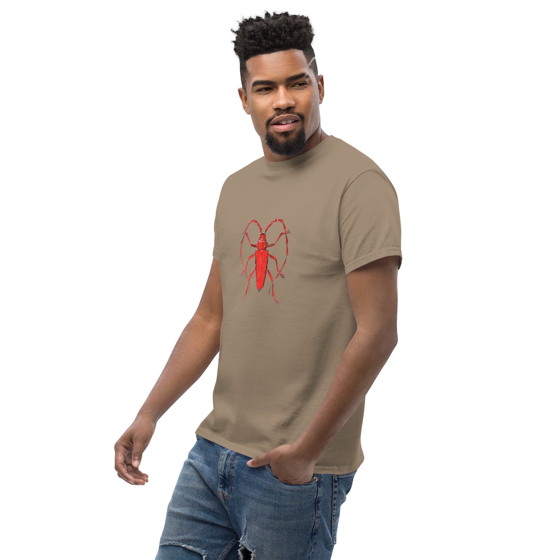 Red beetle graphic by Kirsten Blackburn printed on unisex cotton t-shirt