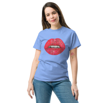 Red glitter lips graphic by Kirsten Blackburn printed on unisex cotton t-shirt