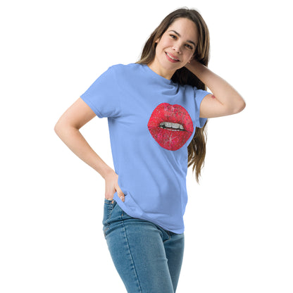 Red glitter lips graphic by Kirsten Blackburn printed on unisex cotton t-shirt
