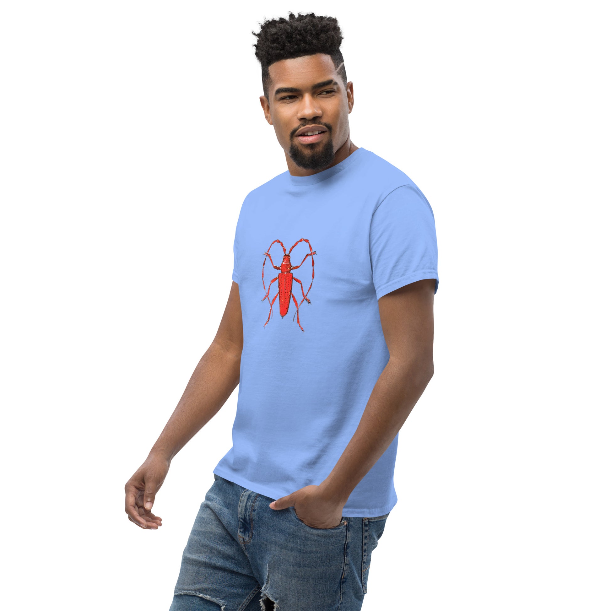 Red beetle graphic by Kirsten Blackburn printed on unisex cotton t-shirt