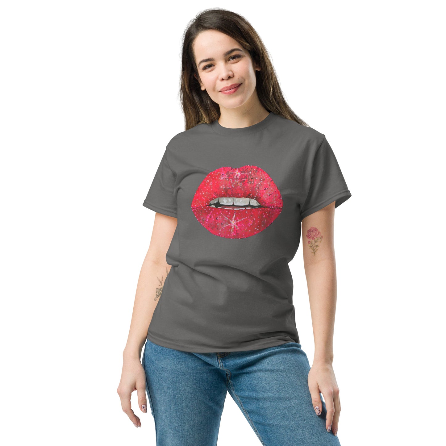 Red glitter lips graphic by Kirsten Blackburn printed on unisex cotton t-shirt