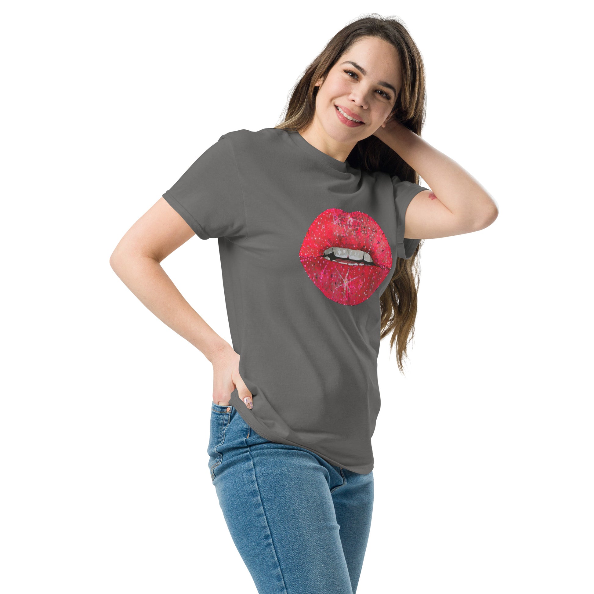 Red glitter lips graphic by Kirsten Blackburn printed on unisex cotton t-shirt