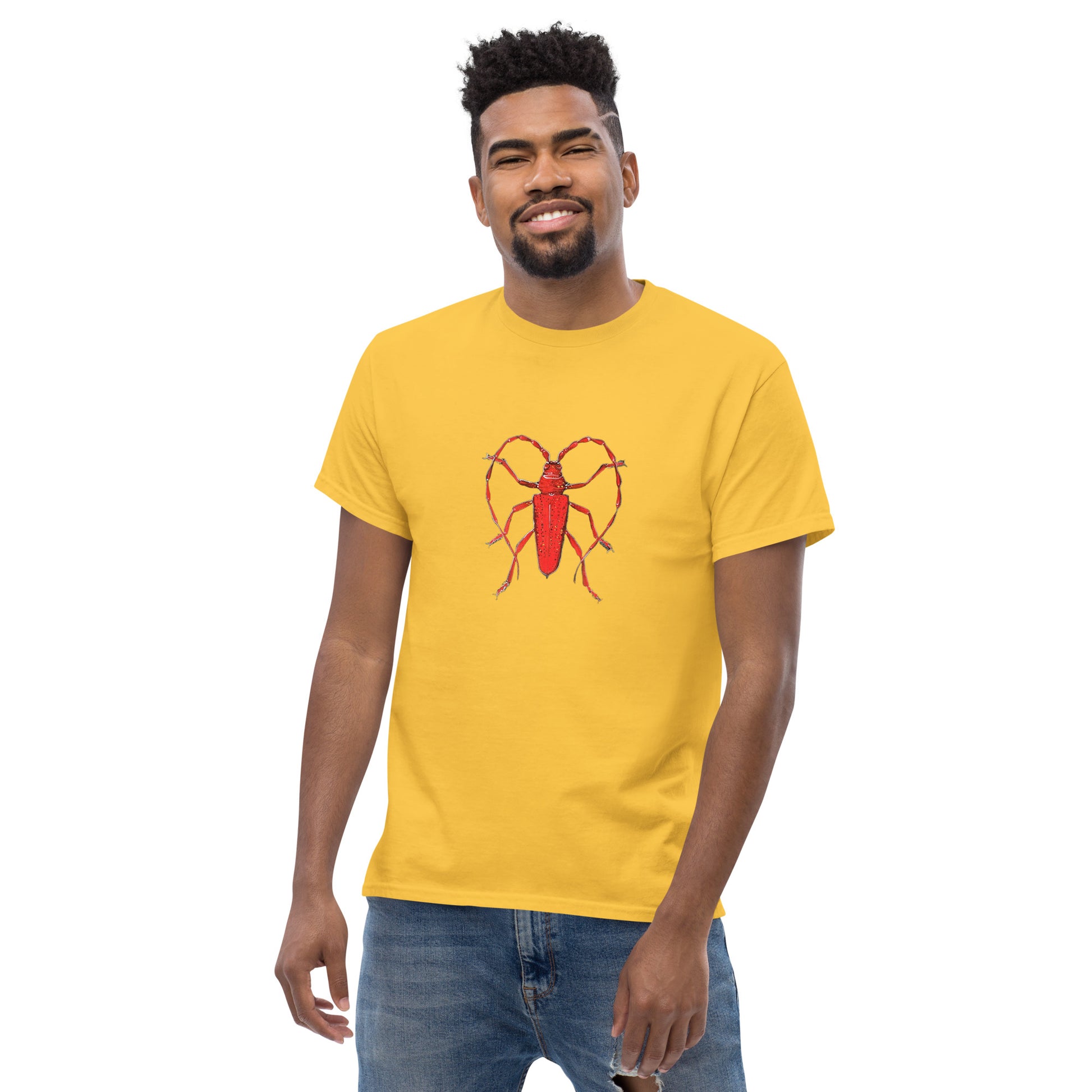 Red beetle graphic by Kirsten Blackburn printed on unisex cotton t-shirt