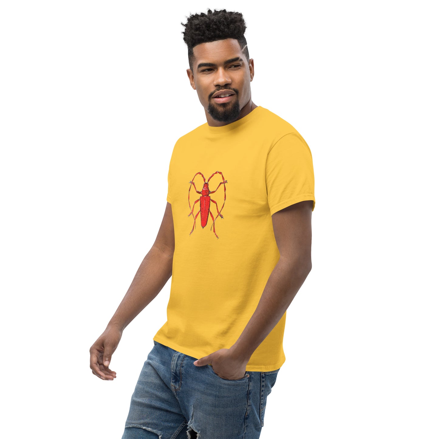 Red beetle graphic by Kirsten Blackburn printed on unisex cotton t-shirt