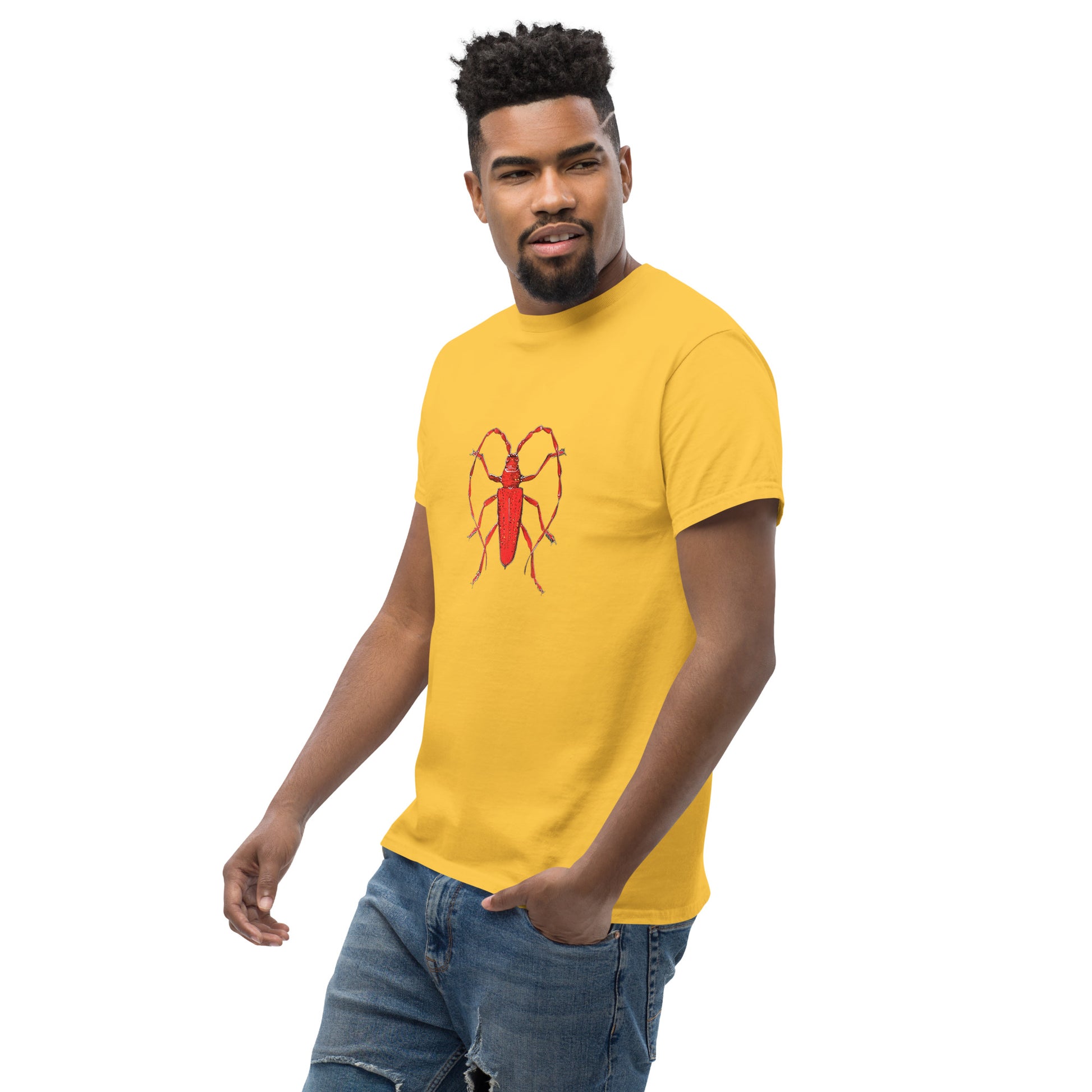 Red beetle graphic by Kirsten Blackburn printed on unisex cotton t-shirt