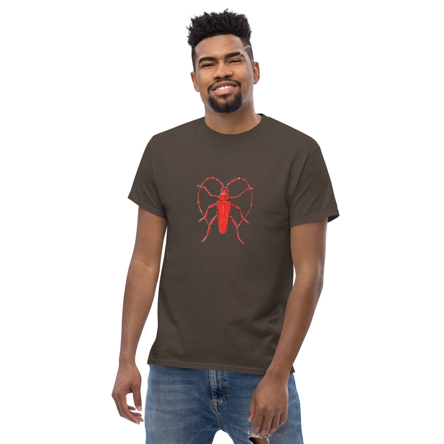 Red beetle graphic by Kirsten Blackburn printed on unisex cotton t-shirt