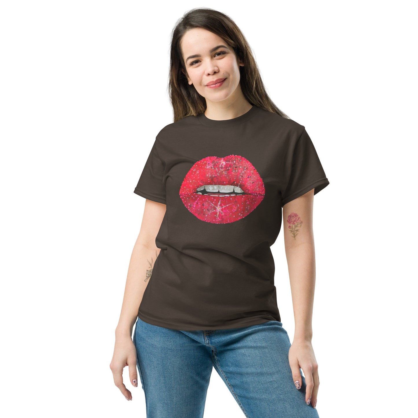 Red glitter lips graphic by Kirsten Blackburn printed on unisex cotton t-shirt