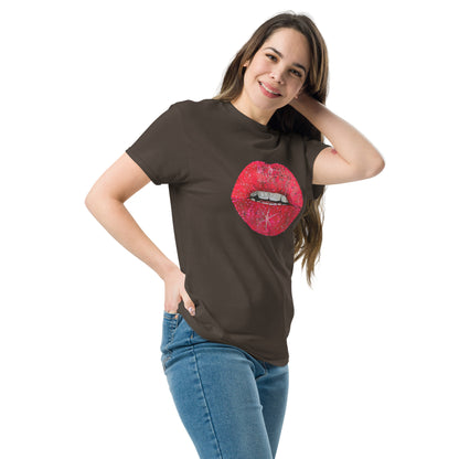 Red glitter lips graphic by Kirsten Blackburn printed on unisex cotton t-shirt