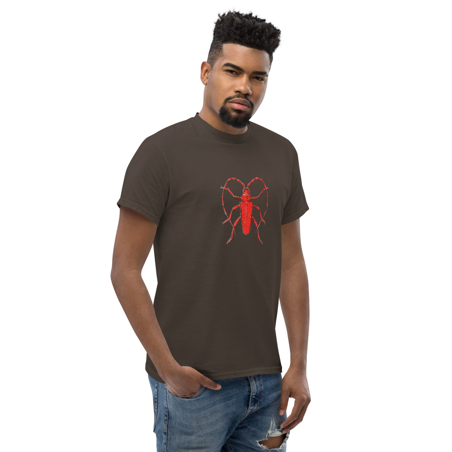 Red beetle graphic by Kirsten Blackburn printed on unisex cotton t-shirt