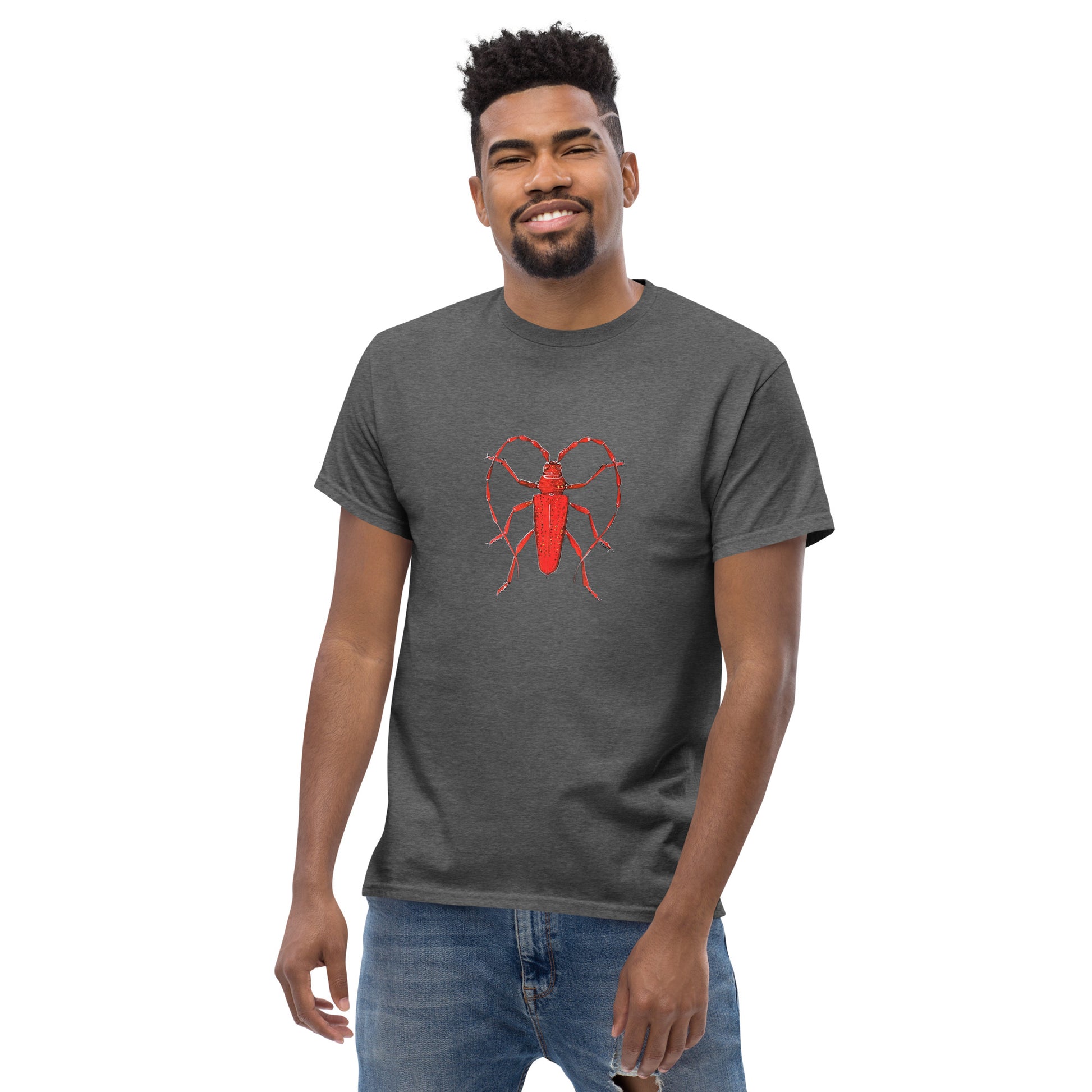 Red beetle graphic by Kirsten Blackburn printed on unisex cotton t-shirt