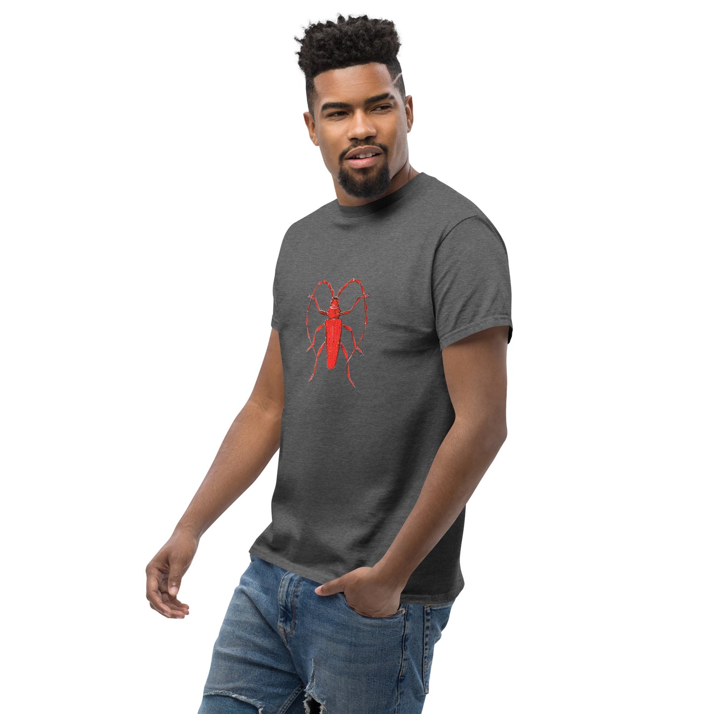 Red beetle graphic by Kirsten Blackburn printed on unisex cotton t-shirt