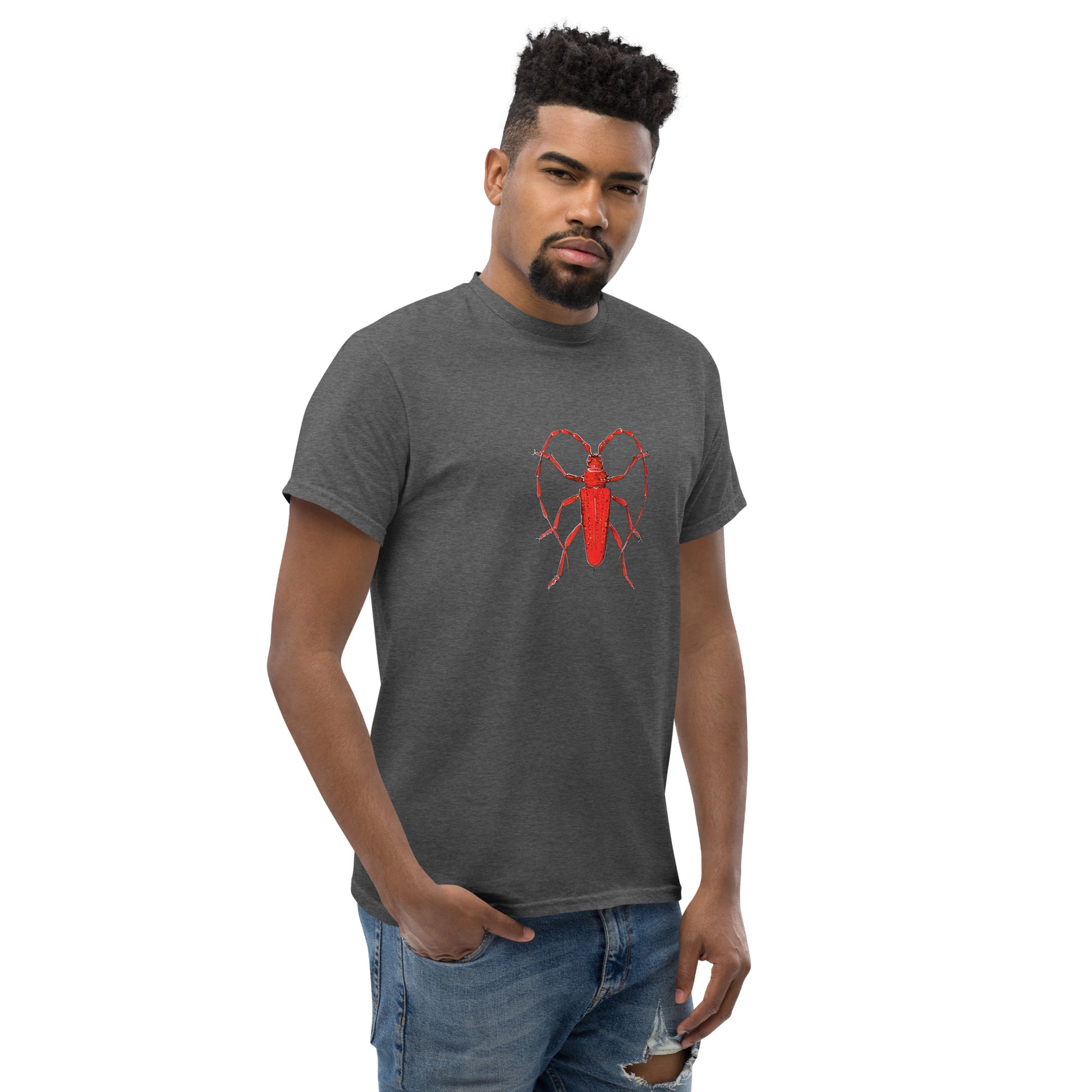 Red beetle graphic by Kirsten Blackburn printed on unisex cotton t-shirt