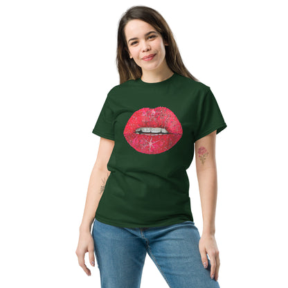 Red glitter lips graphic by Kirsten Blackburn printed on unisex cotton t-shirt