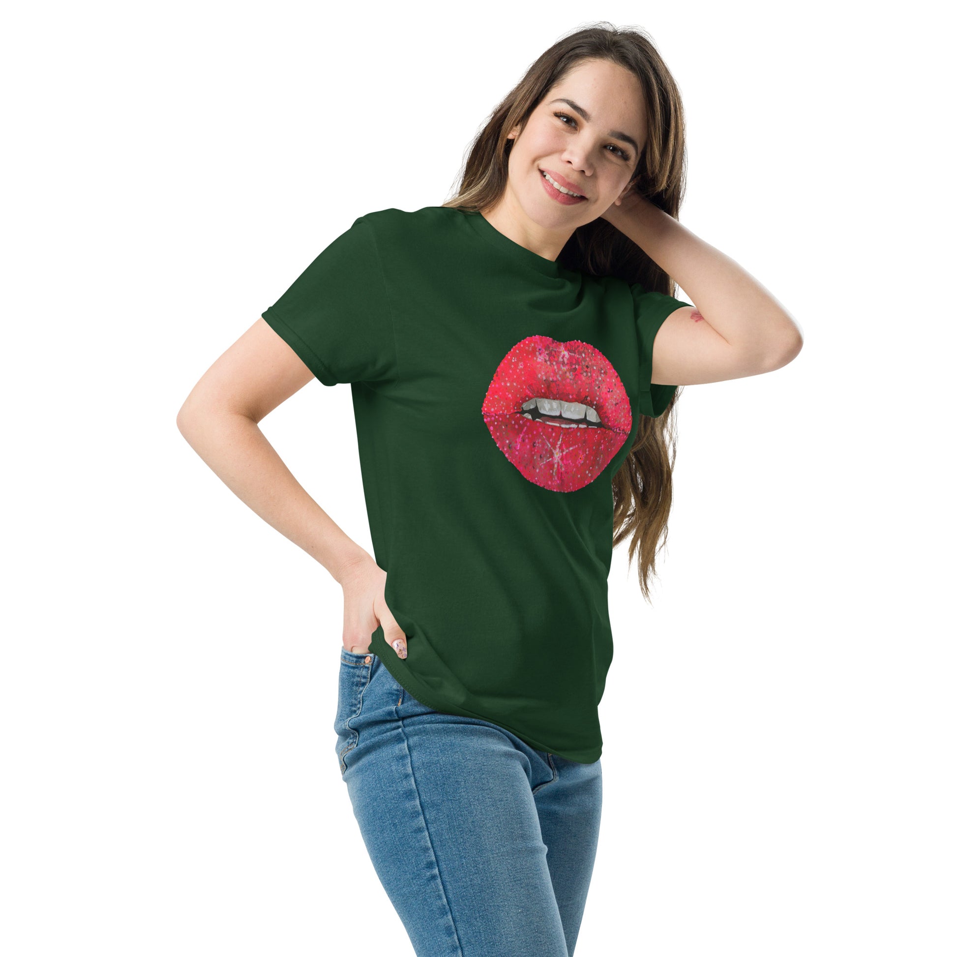 Red glitter lips graphic by Kirsten Blackburn printed on unisex cotton t-shirt