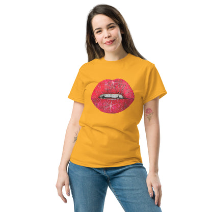 Red glitter lips graphic by Kirsten Blackburn printed on unisex cotton t-shirt