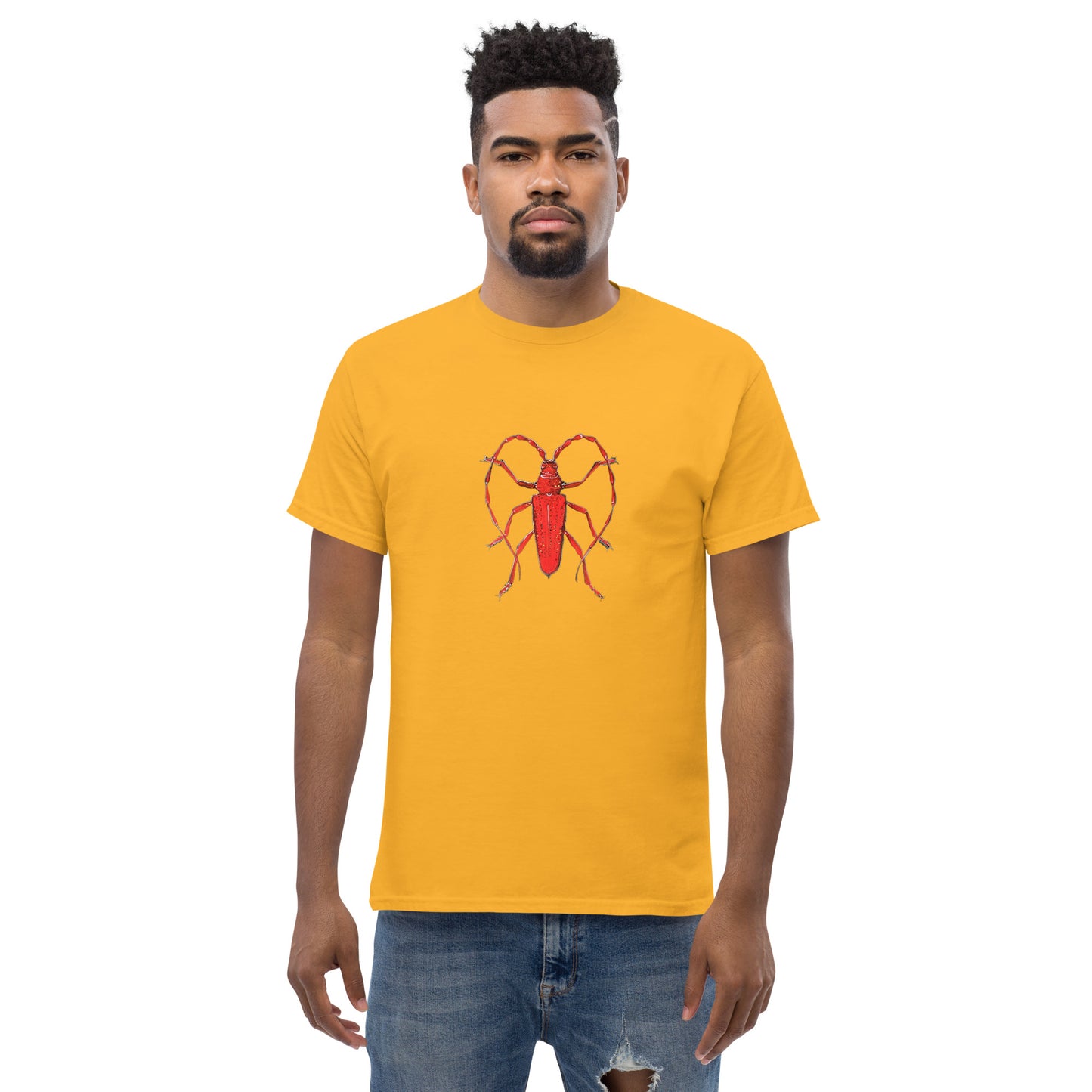 Red beetle graphic by Kirsten Blackburn printed on unisex cotton t-shirt
