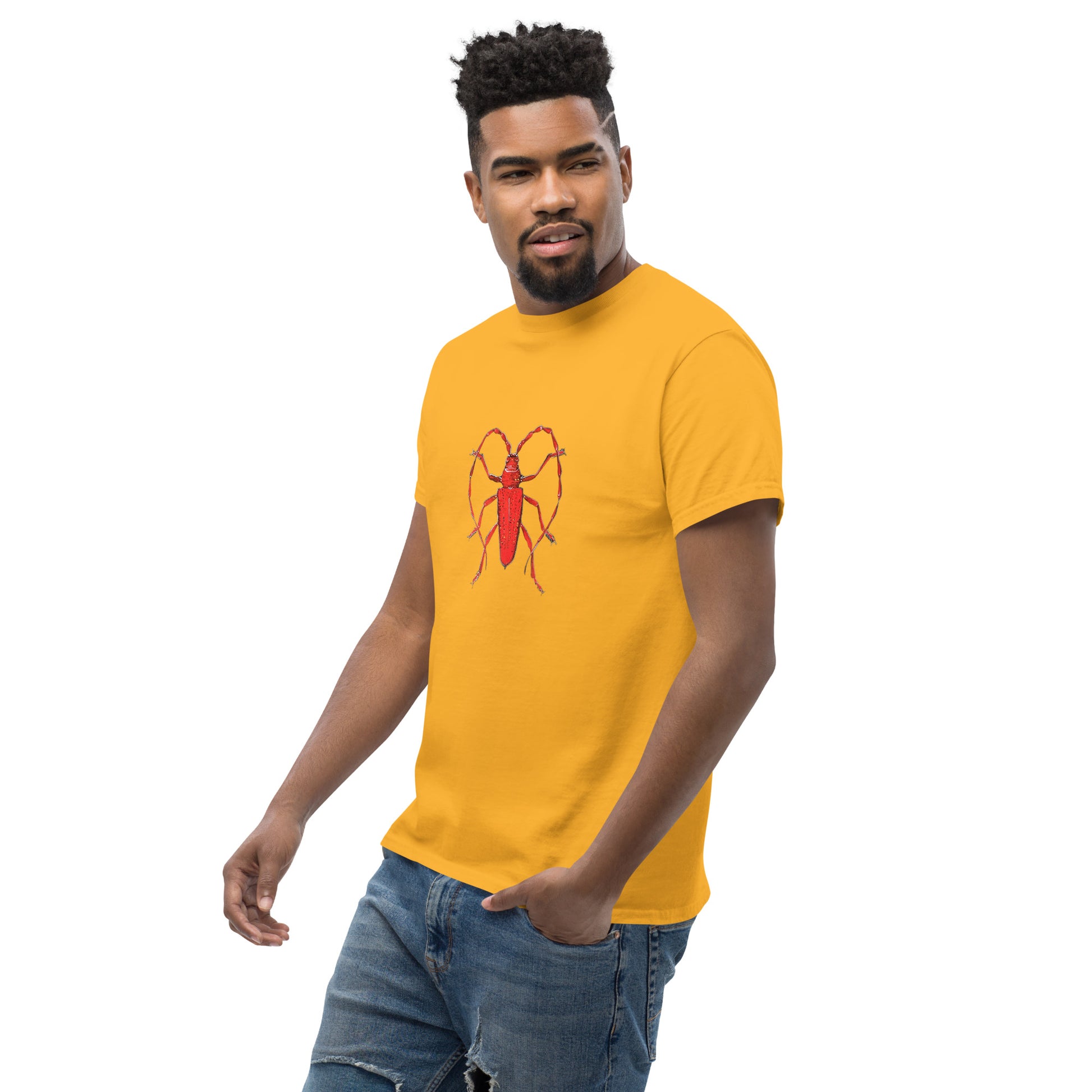Red beetle graphic by Kirsten Blackburn printed on unisex cotton t-shirt
