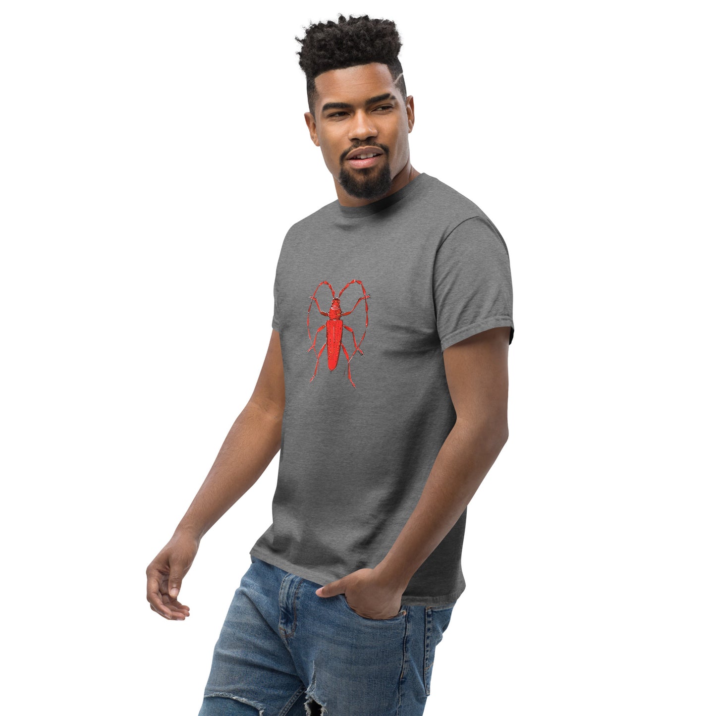 Red beetle graphic by Kirsten Blackburn printed on unisex cotton t-shirt