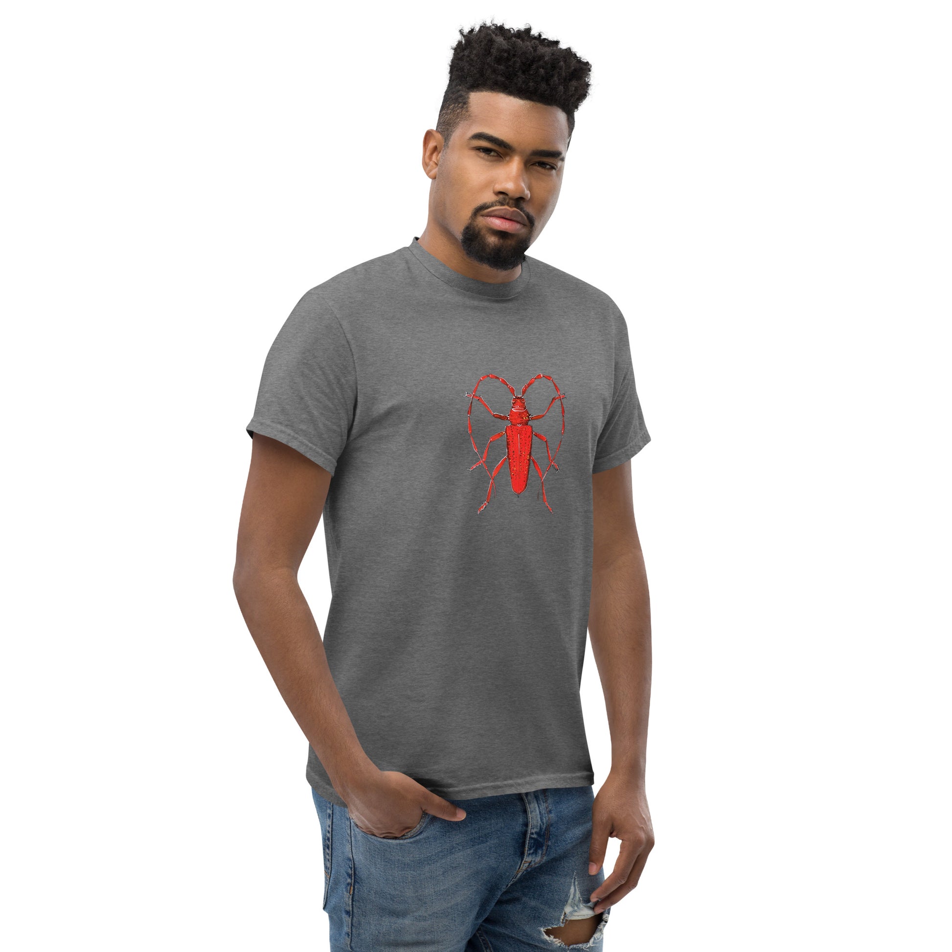 Red beetle graphic by Kirsten Blackburn printed on unisex cotton t-shirt