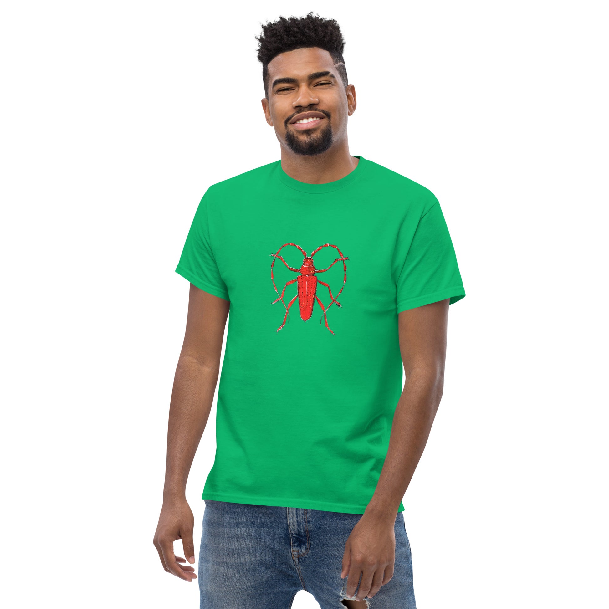 Red beetle graphic by Kirsten Blackburn printed on unisex cotton t-shirt