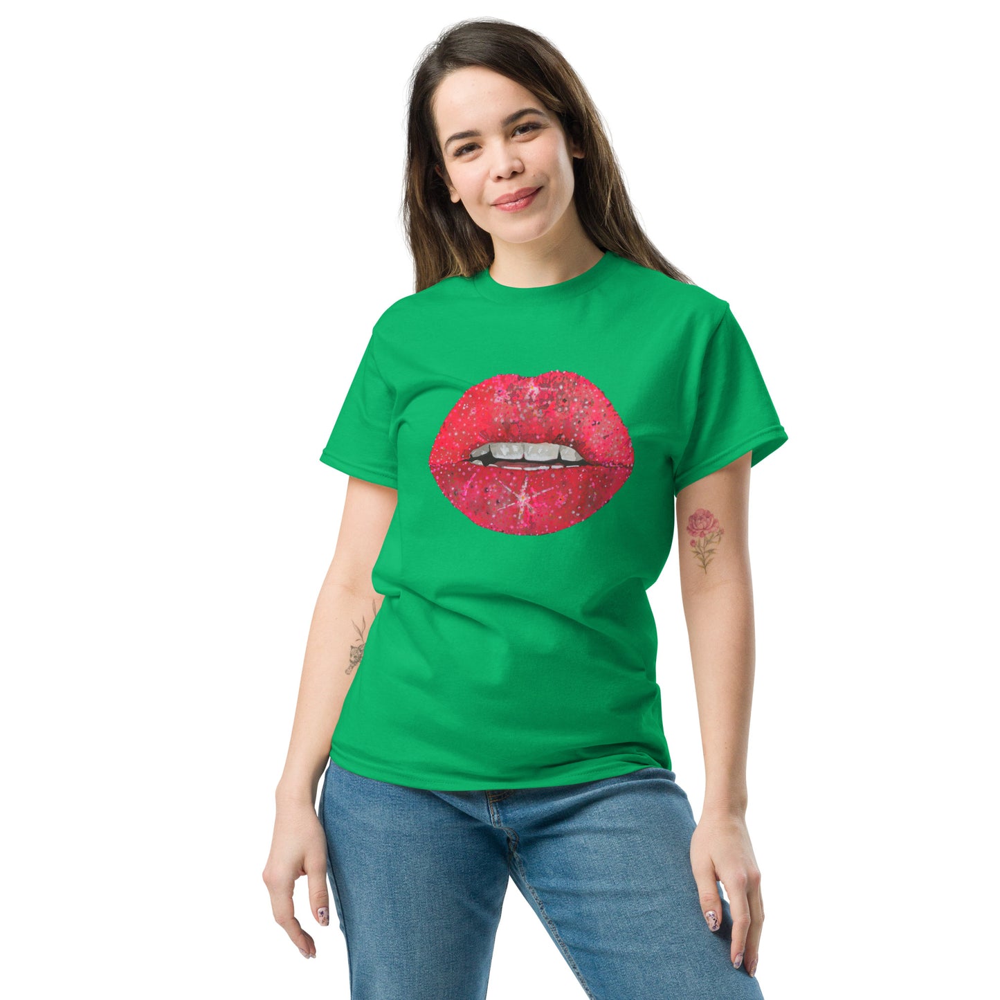Red glitter lips graphic by Kirsten Blackburn printed on unisex cotton t-shirt
