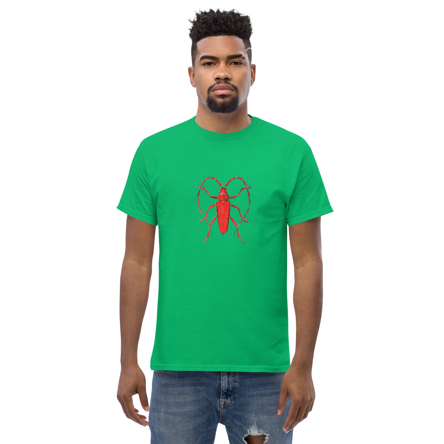 Red beetle graphic by Kirsten Blackburn printed on unisex cotton t-shirt
