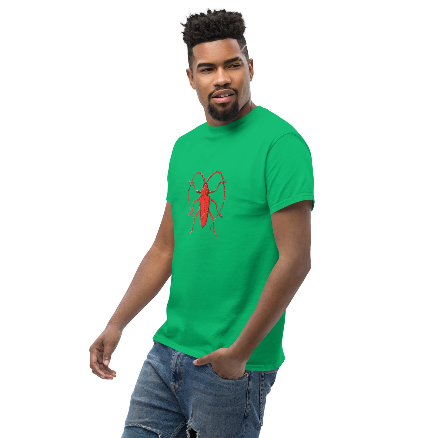 Red beetle graphic by Kirsten Blackburn printed on unisex cotton t-shirt