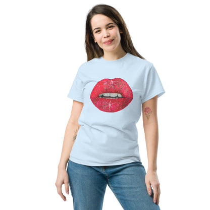 Red glitter lips graphic by Kirsten Blackburn printed on unisex cotton t-shirt