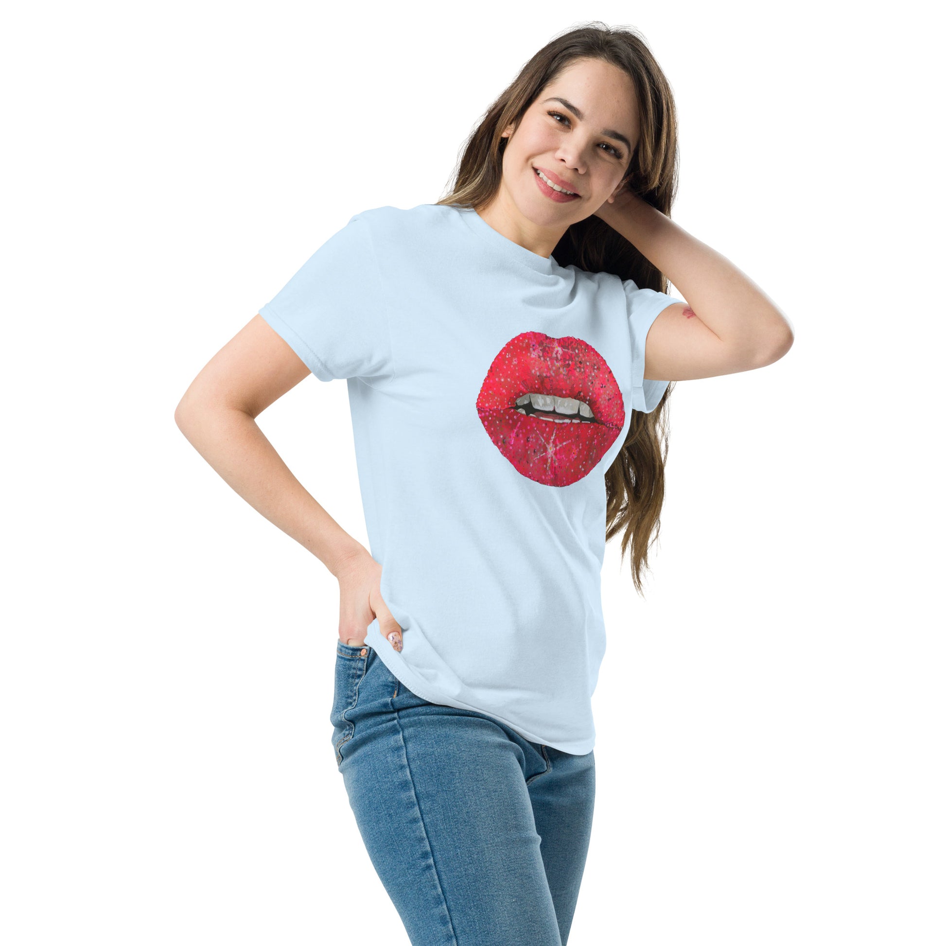 Red glitter lips graphic by Kirsten Blackburn printed on unisex cotton t-shirt