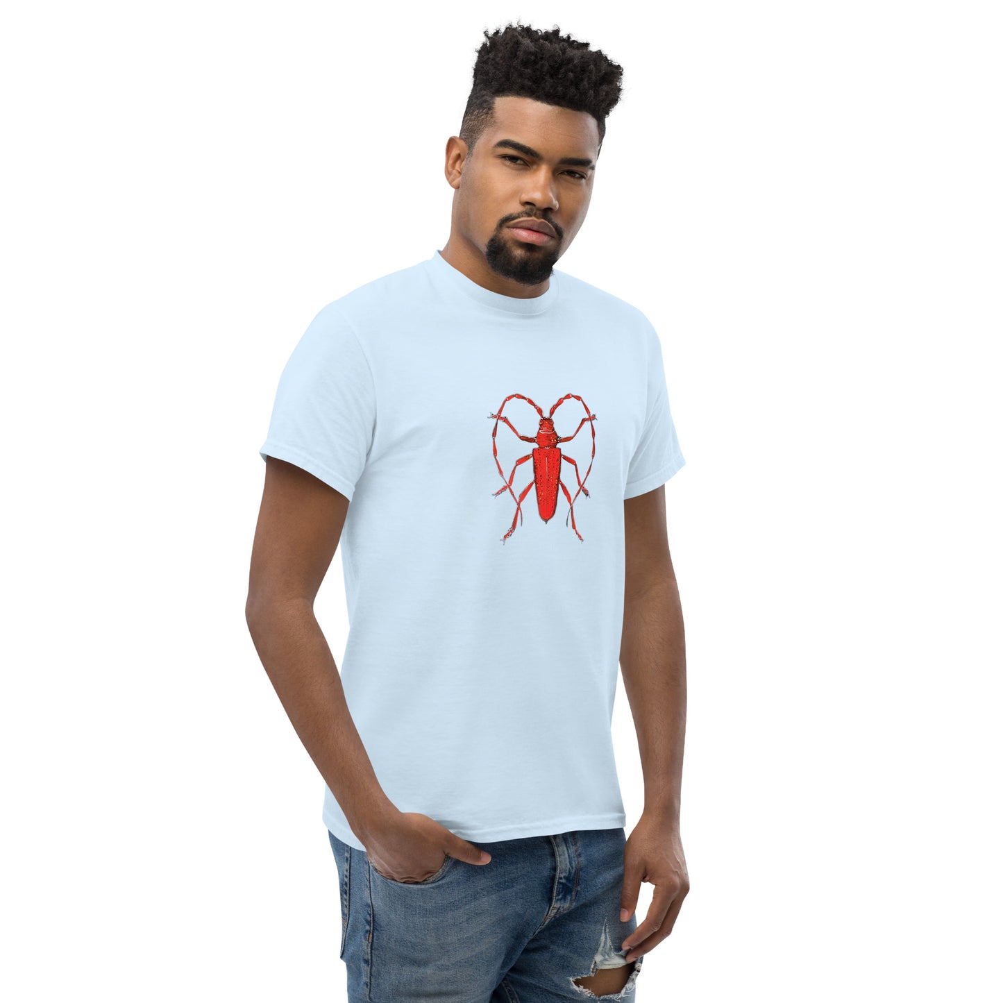 Red beetle graphic by Kirsten Blackburn printed on unisex cotton t-shirt
