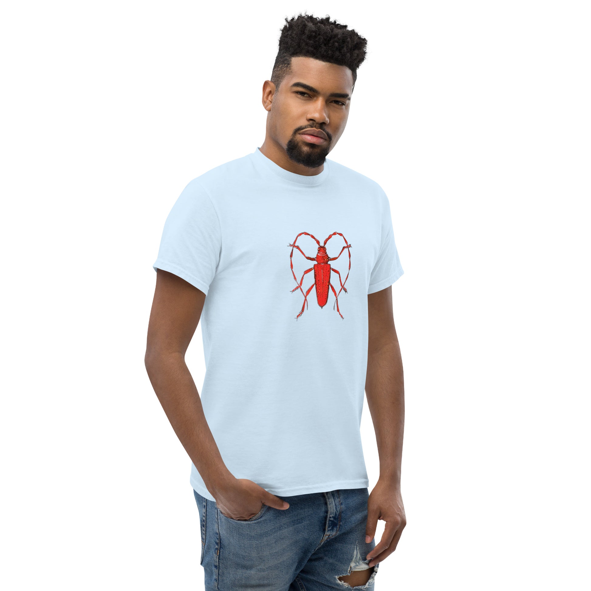 Red beetle graphic by Kirsten Blackburn printed on unisex cotton t-shirt