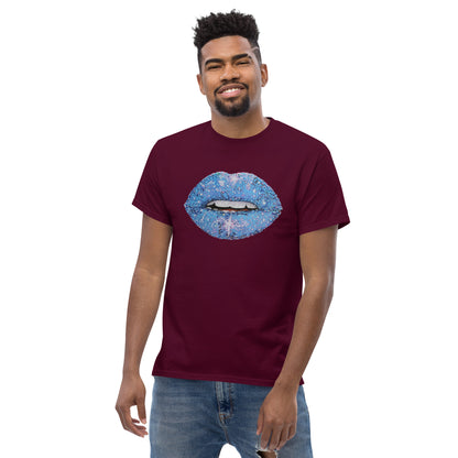 Blue glitter lips graphic by Kirsten Blackburn printed on unisex cotton t-shirt