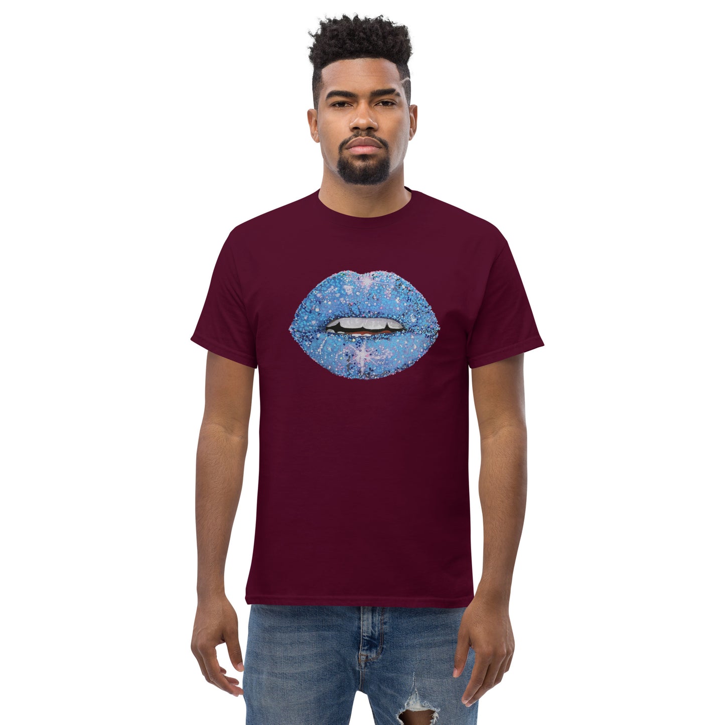 Blue glitter lips graphic by Kirsten Blackburn printed on unisex cotton t-shirt