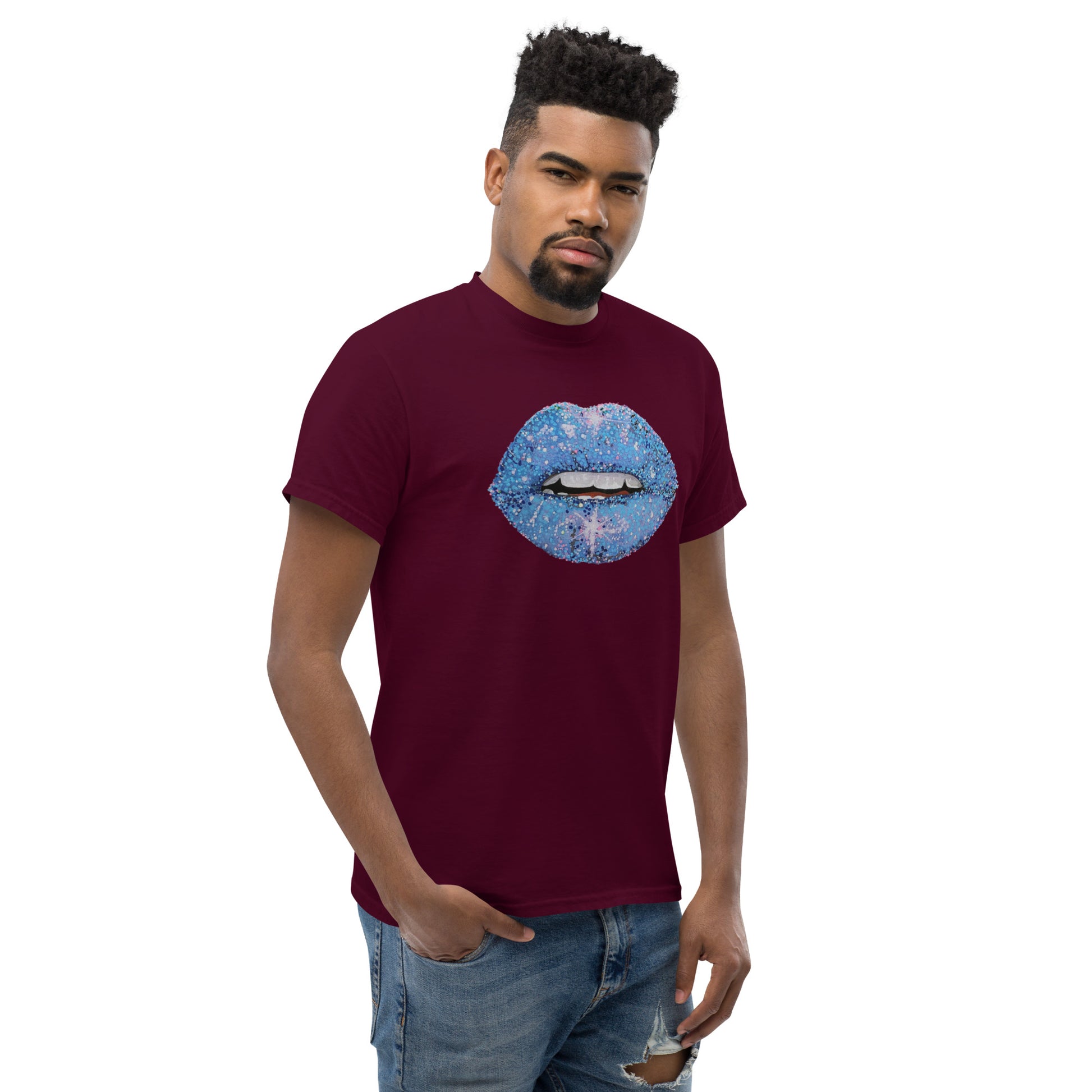 Blue glitter lips graphic by Kirsten Blackburn printed on unisex cotton t-shirt
