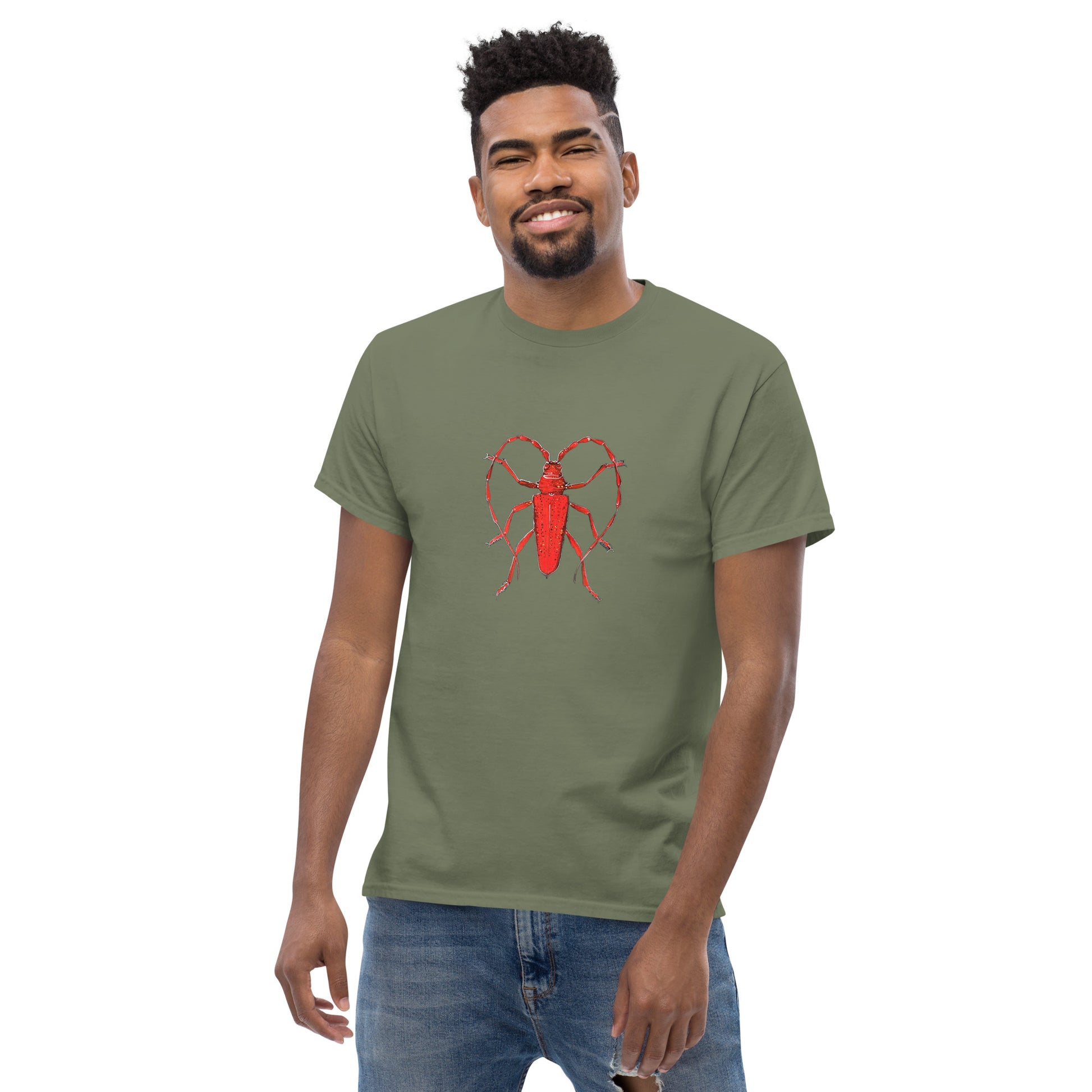 Red beetle graphic by Kirsten Blackburn printed on unisex cotton t-shirt