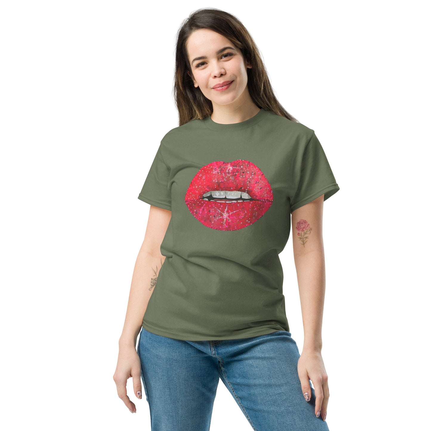 Red glitter lips graphic by Kirsten Blackburn printed on unisex cotton t-shirt