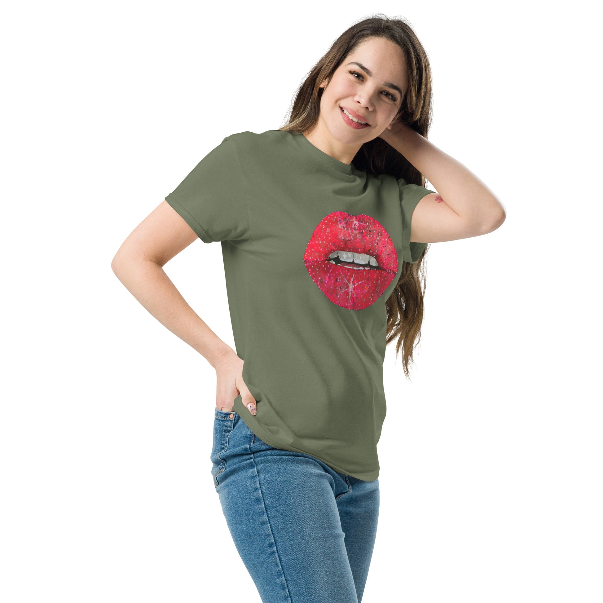 Red glitter lips graphic by Kirsten Blackburn printed on unisex cotton t-shirt
